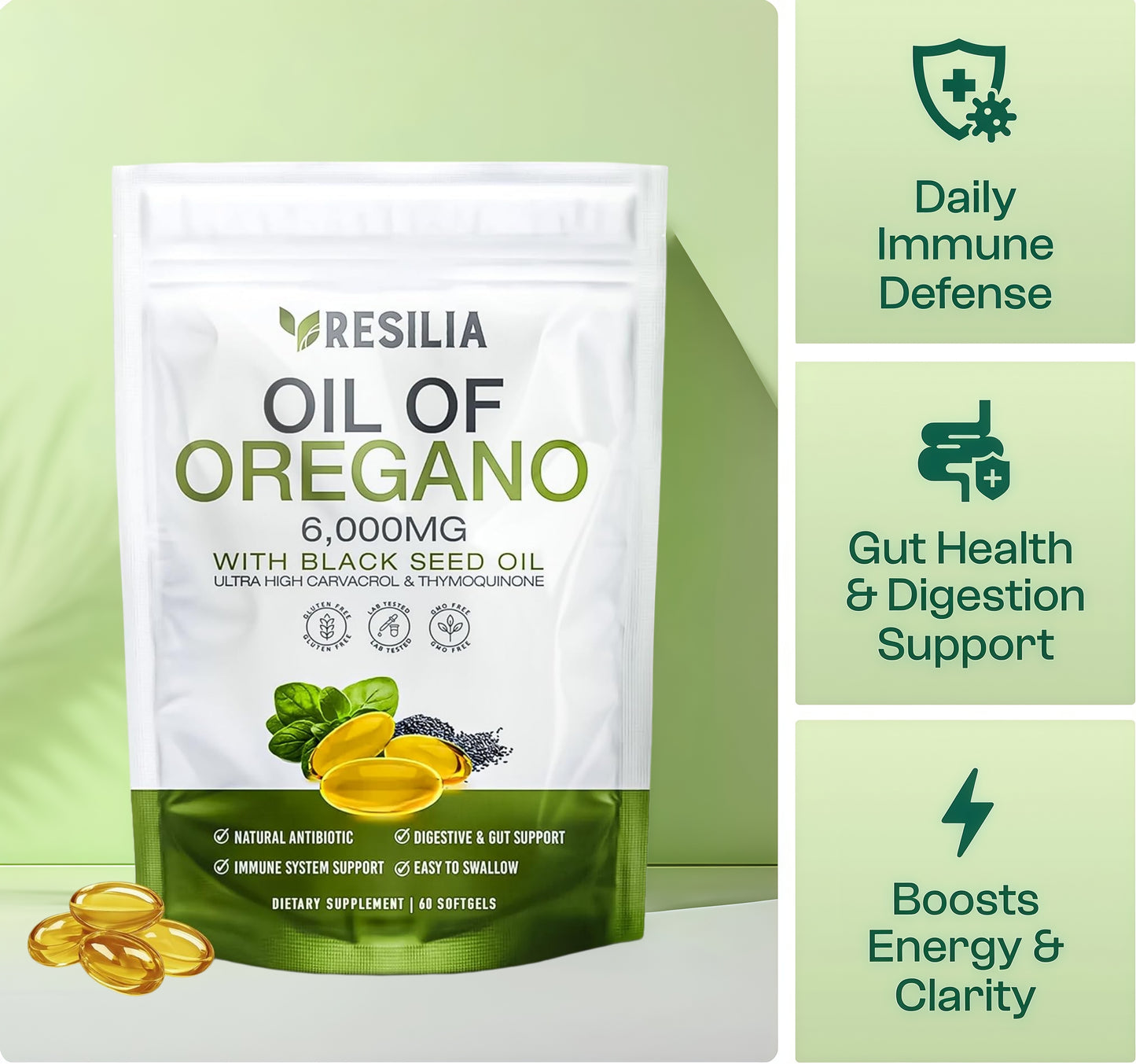 Resilia® Softgels with Black Seed Oil 6000mg – Organic Oregano Oil Capsules for Immune & Digestive Support – Non-GMO, Gluten-Free Softgels – Natural Herbal Wellness Supplement (60 Count)